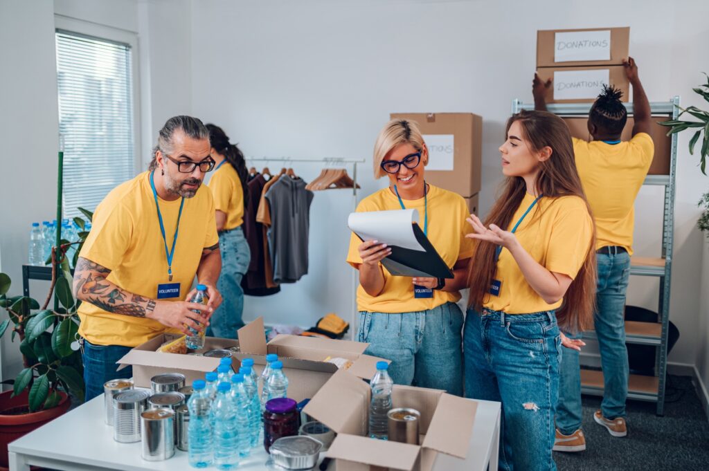 Multiracial volunteer team working in a donation center