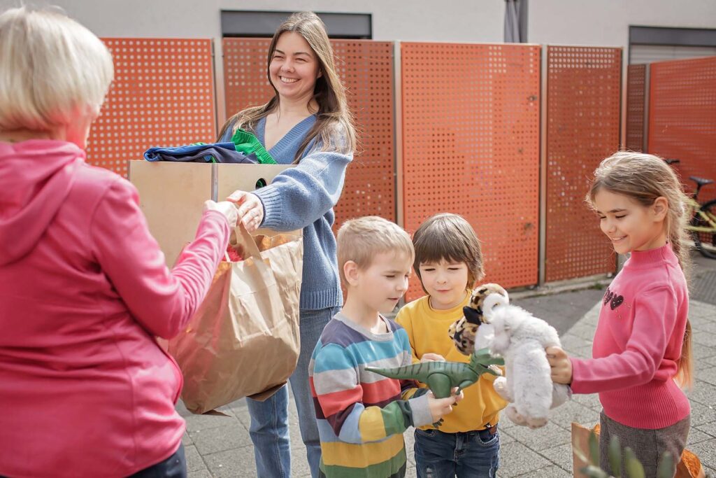 Women and children receiving aid